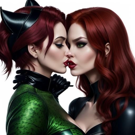 Catwoman and Poison Ivy kiss and caress each other, affectio...
