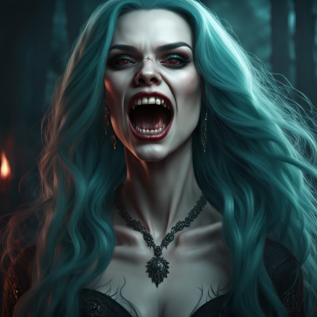 Angry Vampire Woman with Teal Hair: Horror Art