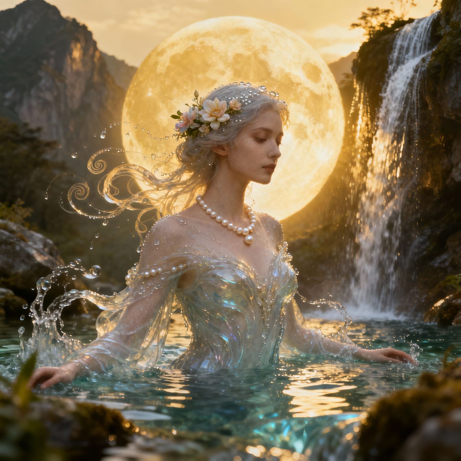 Ethereal Water Goddess Emerges from Mountain Spring