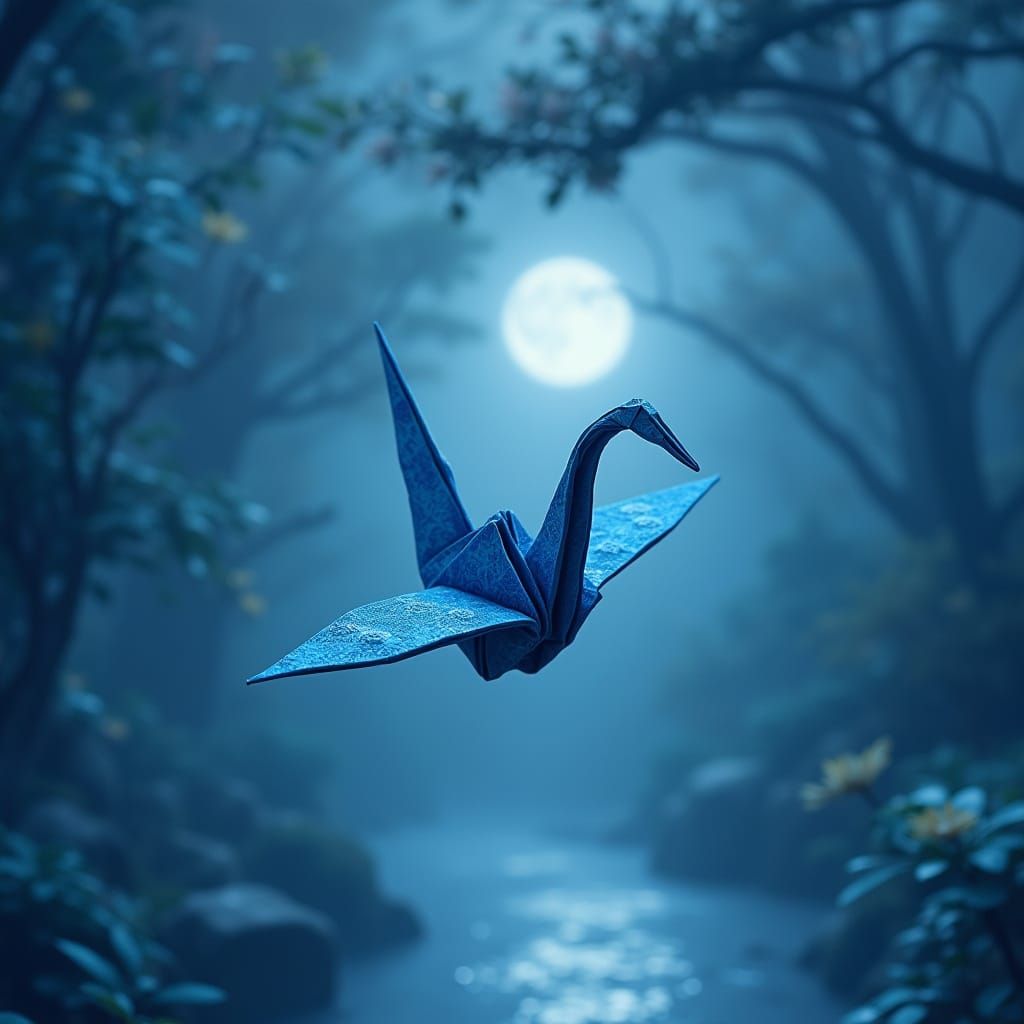 Surreal Blue Origami Crane in Japanese Garden