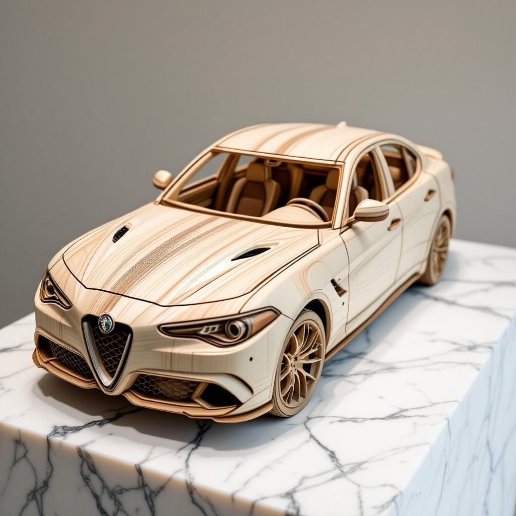 Wooden Alfa Romeo Giulia Sculpture on Marble Pedestal