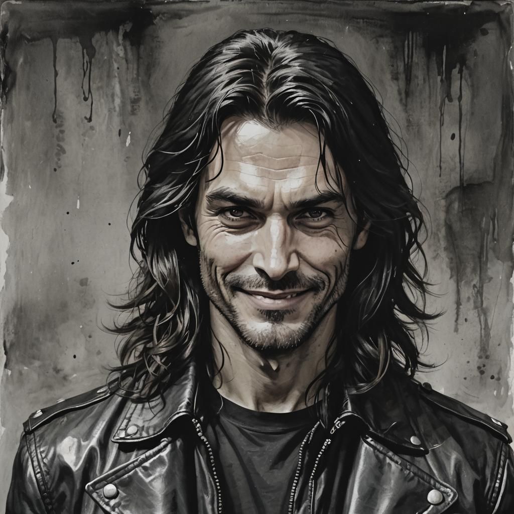 Man with black leather jacket.