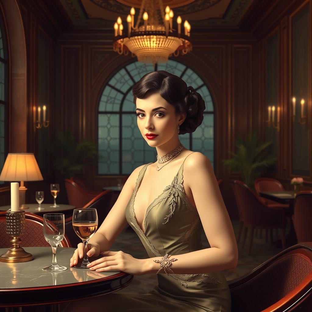 Elegant Lady in 1900s Club, Art Deco Masterpiece