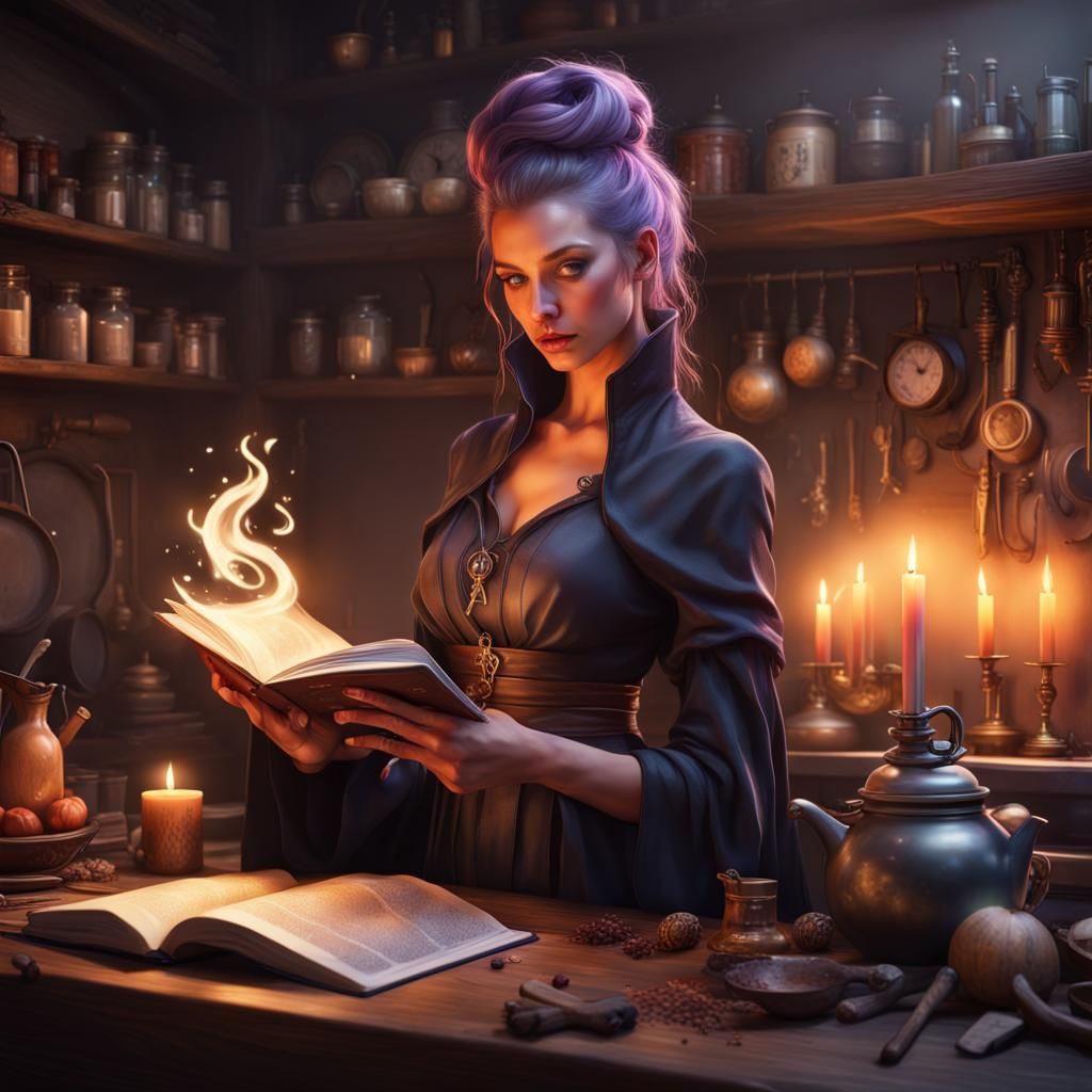 Modern Witch Reads Spellbook: Detailed Digital Art