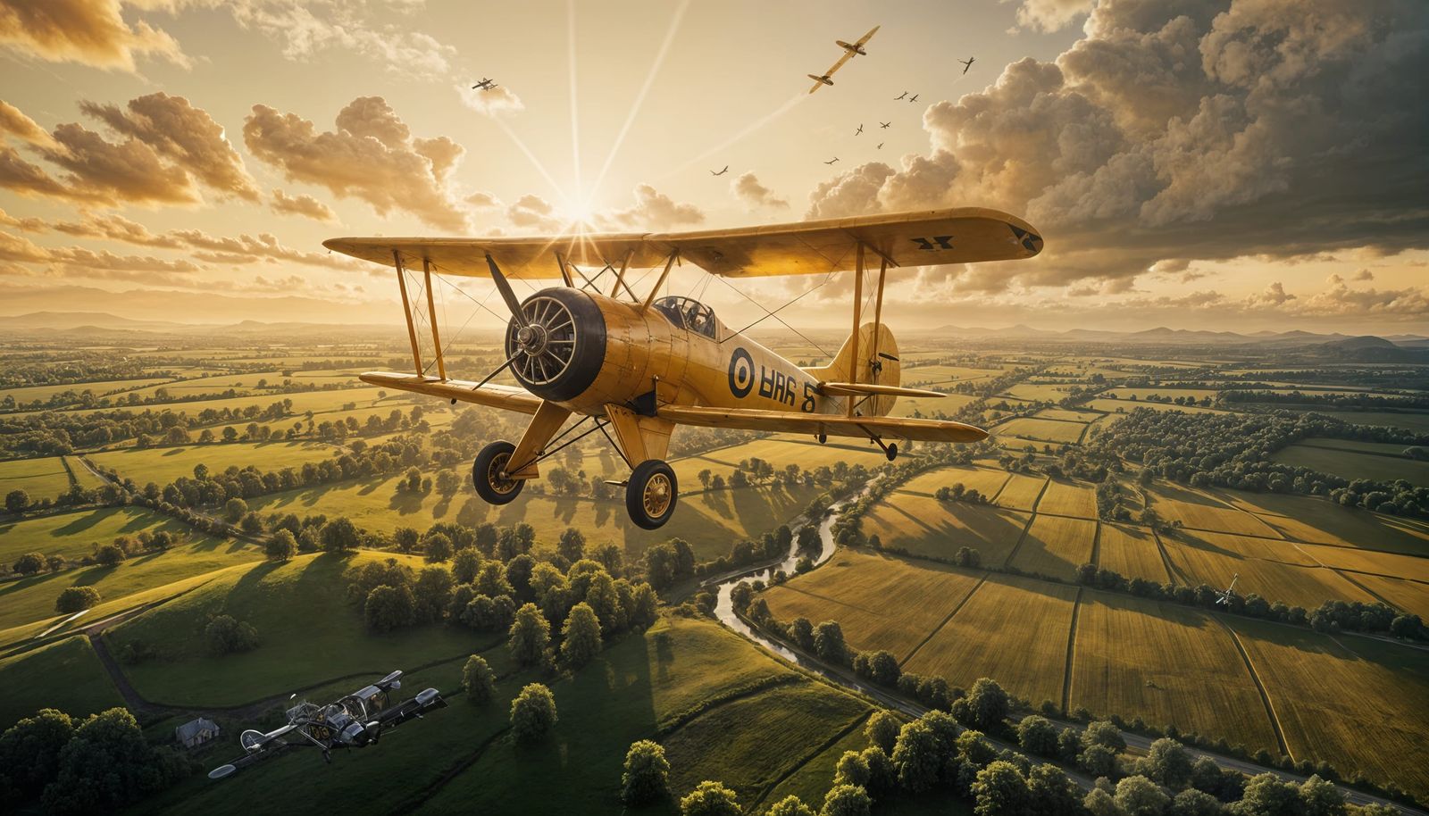 Yellow Biplane Flies Over Rural Landscape
