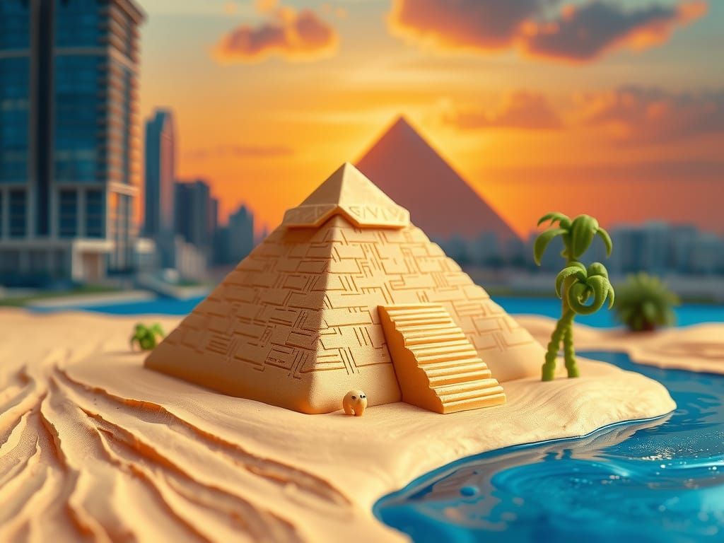Clay Pyramid Sunset: A Surreal Oil Painting