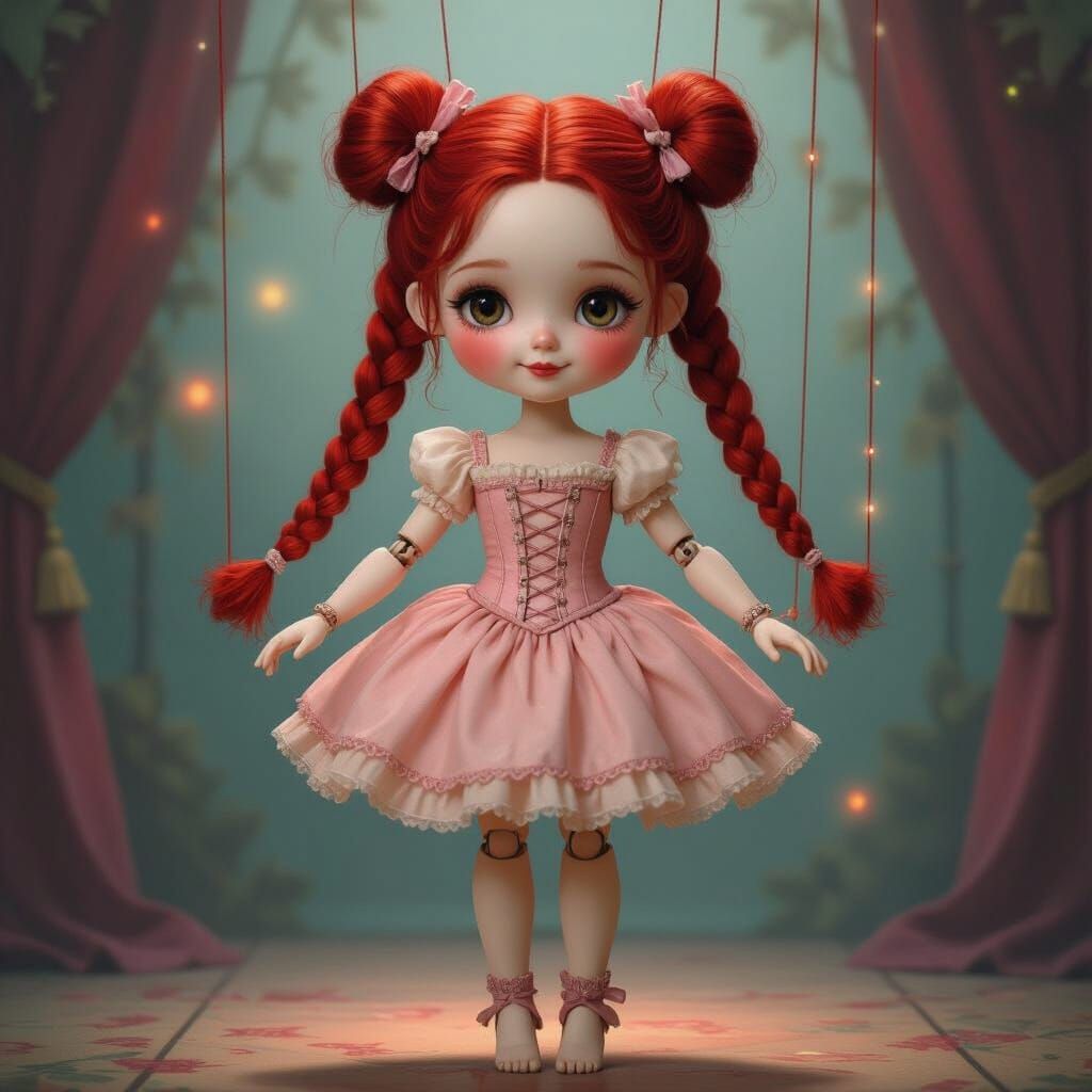 Crimson Haired Marionette Doll on Dreamy Stage