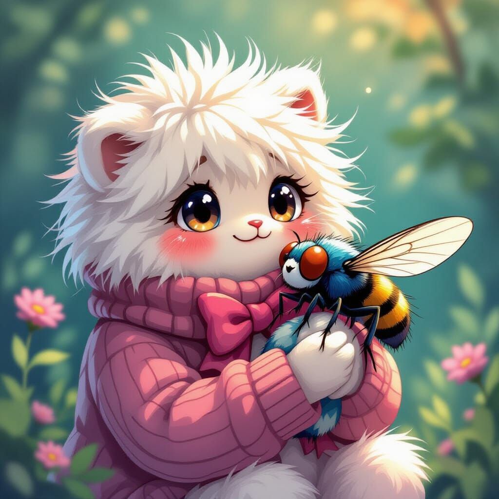 Cute Spider Cuddling Fly in Anime Style
