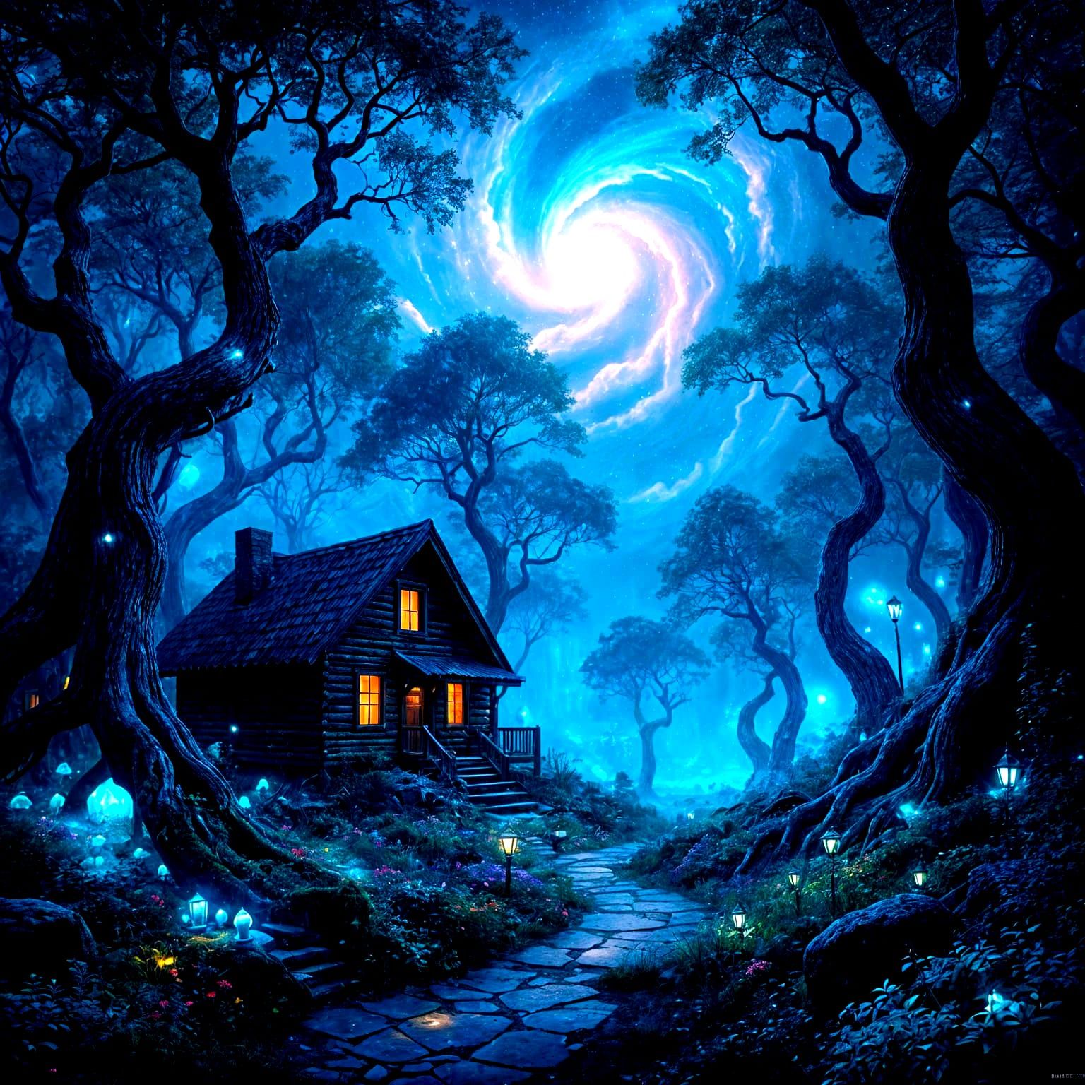 Ancient Cabin in Bioluminescent Dream Forest