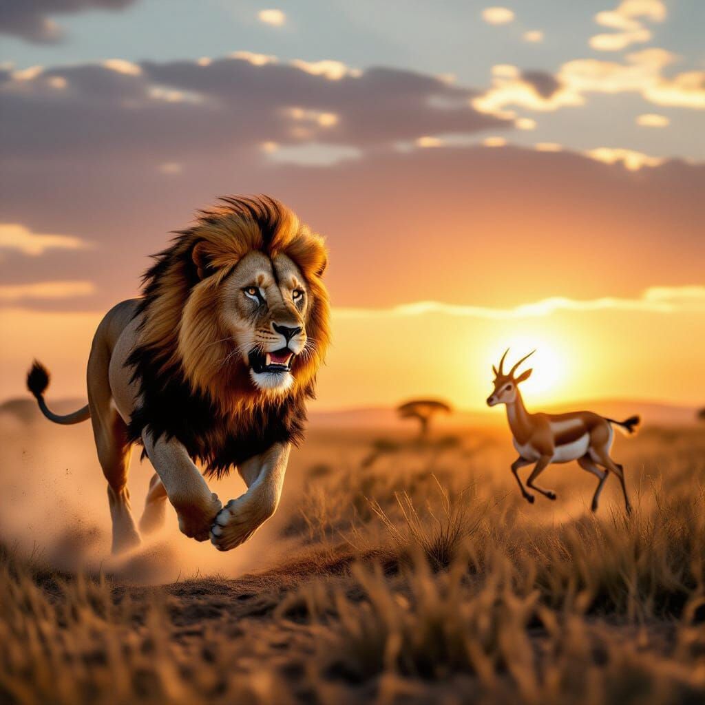 Golden Lion Chasing Gazelle on Savanna at Sunset
