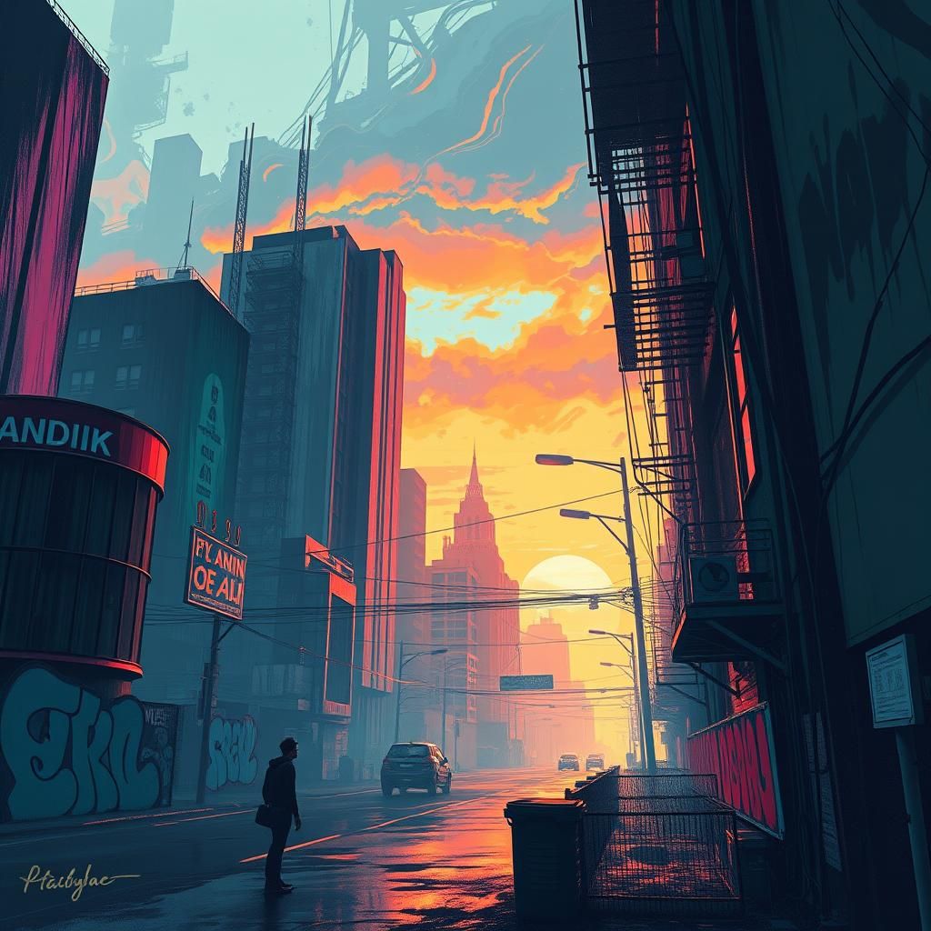 Futuristic Graffiti Art in Urban Dusk Landscape