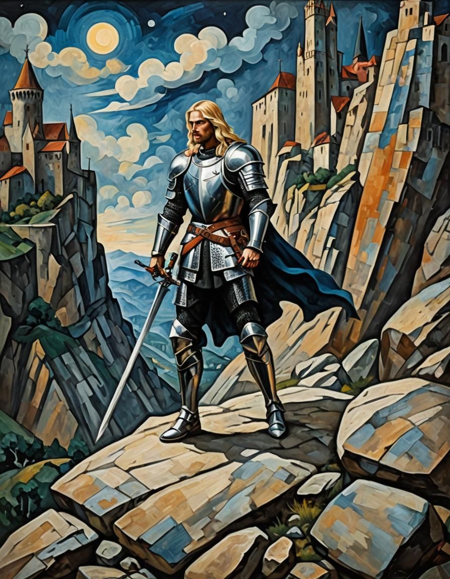 Medieval Knight Defending Pass in Cubist Style