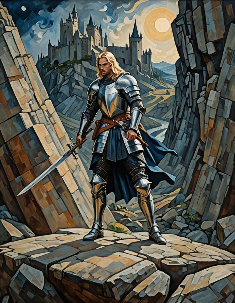 Medieval Knight Defending Pass in Cubist Style