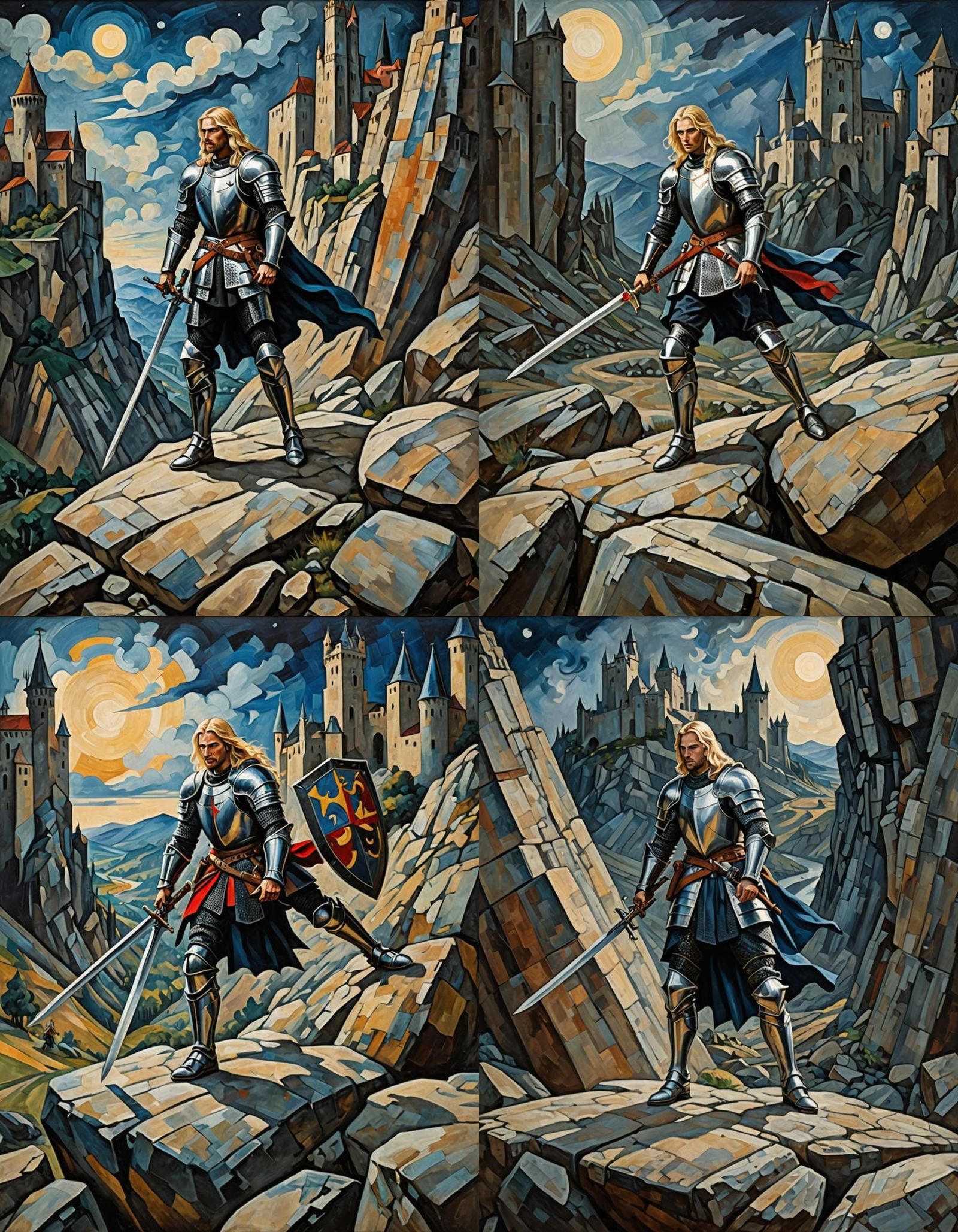 Medieval Knight Defending Pass in Cubist Style