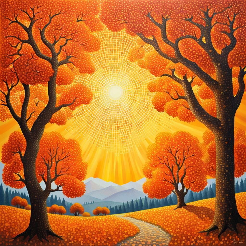 Autumn Tree in Pointillism Style