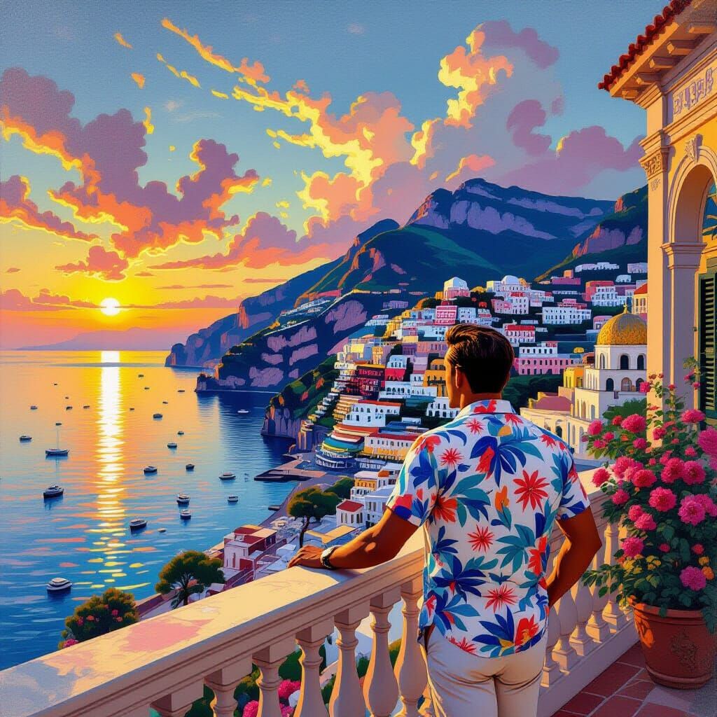 Man Overlooking Amalfi Coast in Maxfield Parrish Style