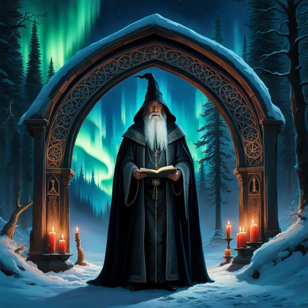 Mystical Wizard in Gothic Cloak Under Northern Lights