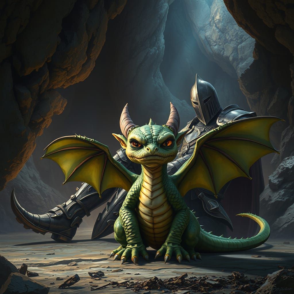 Dragon Child and Knight in Eerie Cave