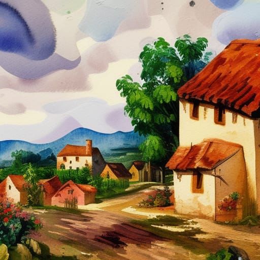 Countryside Village in Gouache and Watercolor Style
