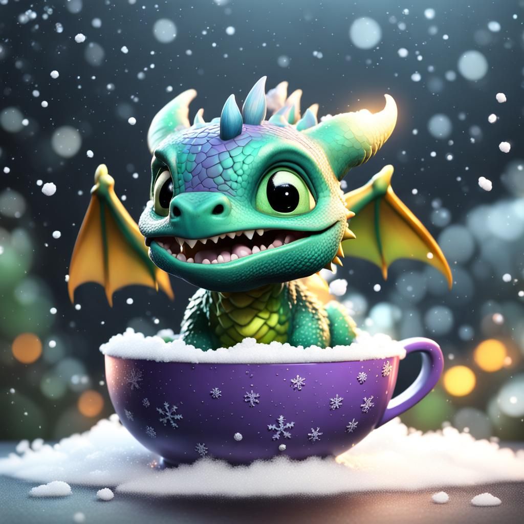 Baby Dragon's First Snowfall: 3D Digital Art