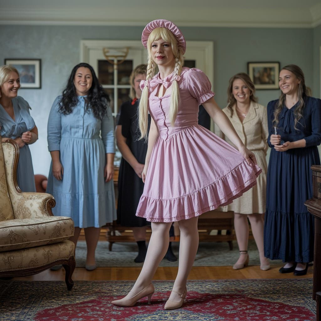 Muscular Crossdresser in Frilly Edwardian Minidress, Blonde ...