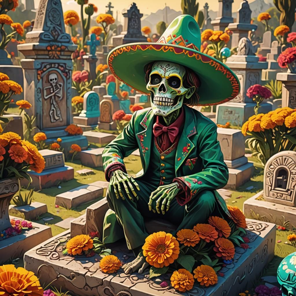Zombie with Sombrero in Colorful Mexican Cemetery
