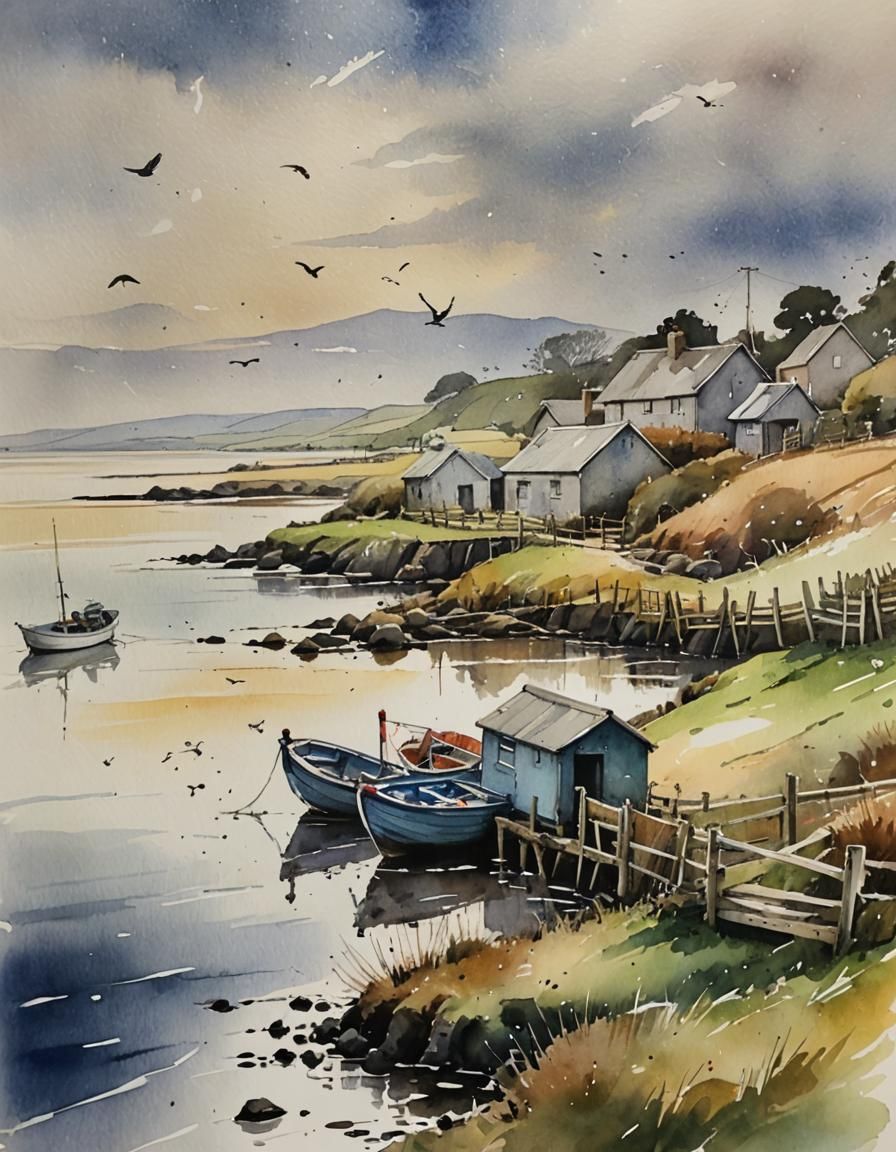 Idyllic Welsh Estuary Scene in Loose Watercolour