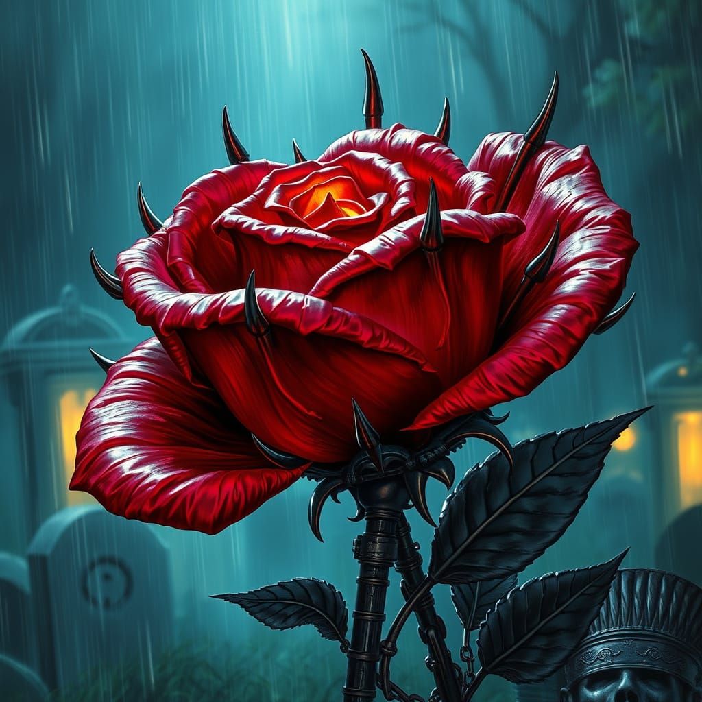 Gothic Metal Rose in Graveyard, Digital Art