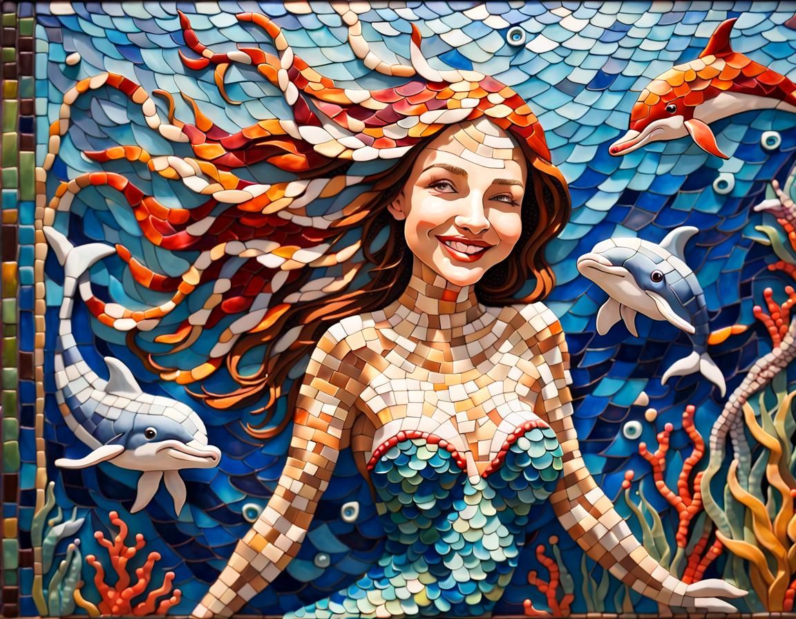 Mosaic Mermaid with Dolphins in Underwater Scene