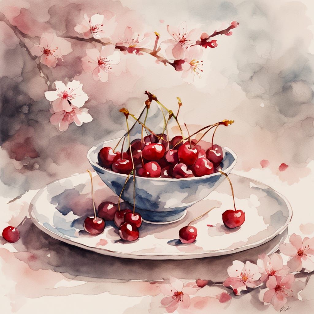 Sakura Blossoms Adorn Delicate Porcelain Plate with Cherries