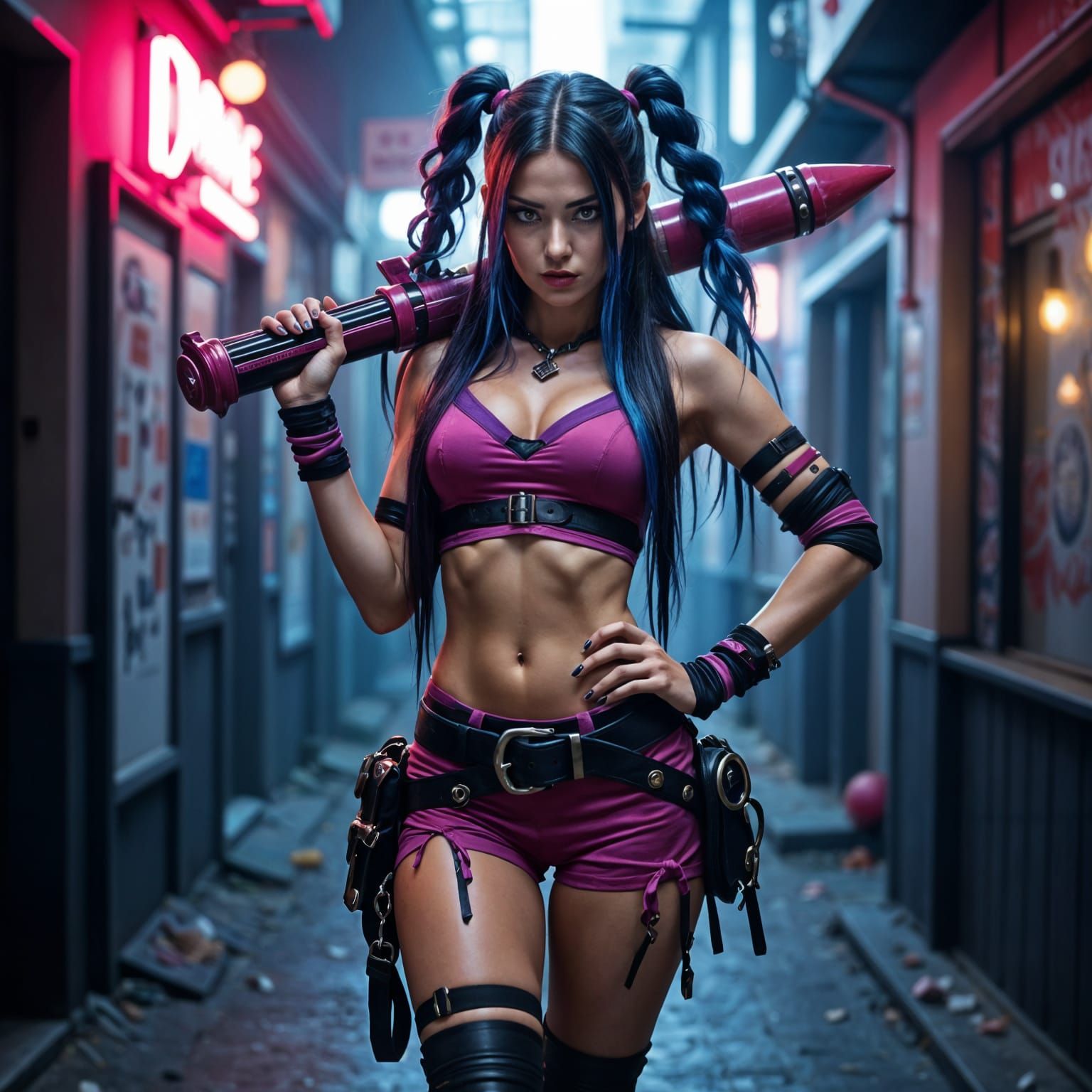 Jinx Cosplayer with Stylized Rocket Launcher in Alley