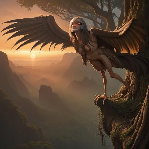 Harpy in Tree at Sunrise: Digital Matte Painting