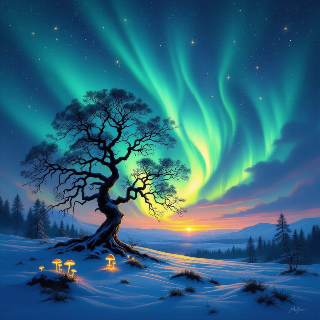 Ancient Tree Under Magical Aurora Borealis