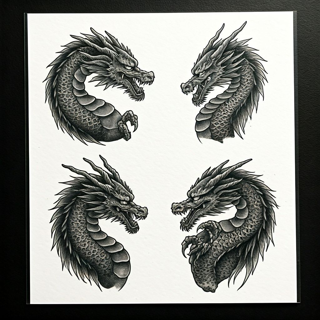 Dragon Tattoo Flash Sheet in Blackwork Style