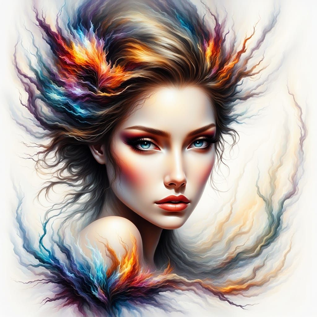 Ethereal Woman Portrait in Vibrant Abstract Fantasy Style