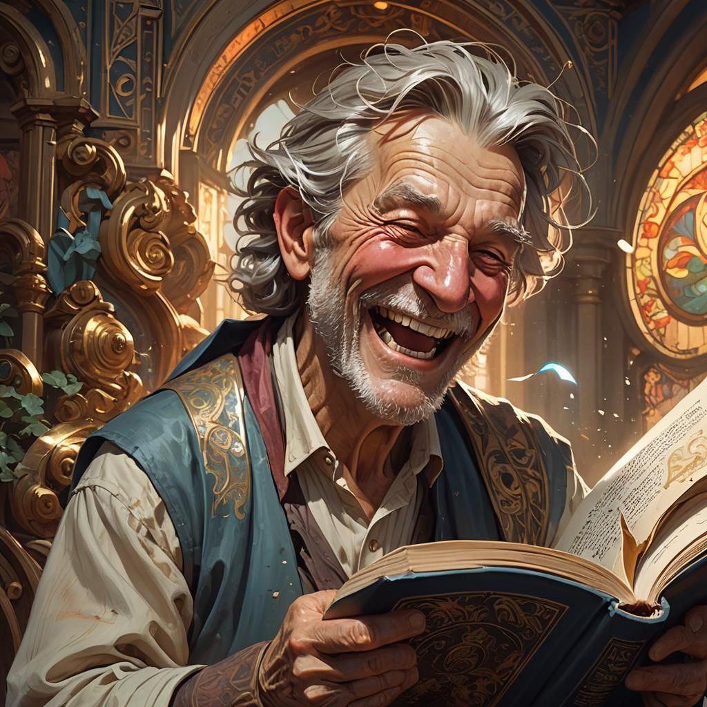 Laughing Old Man Reading Book in Hyperdetailed Portrait