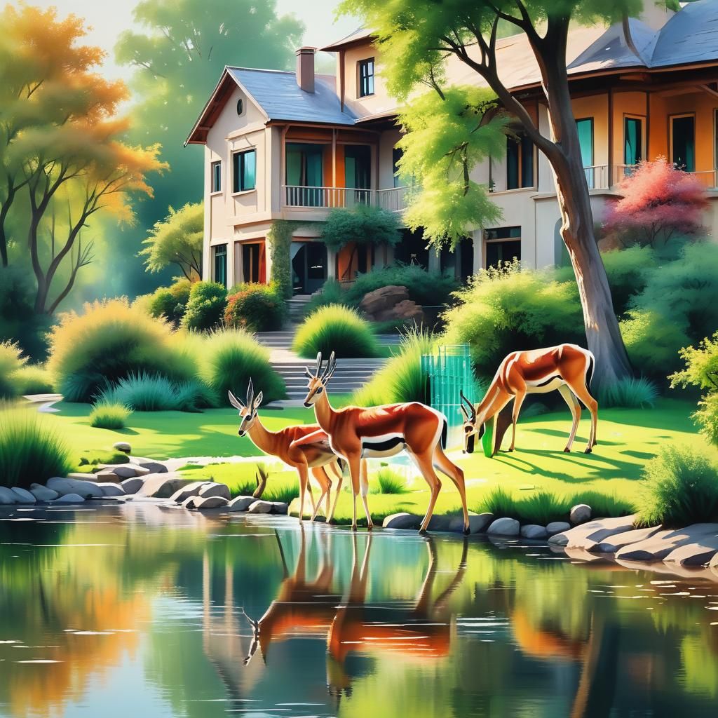 Elegant Gazelle Family in Lush River Landscape