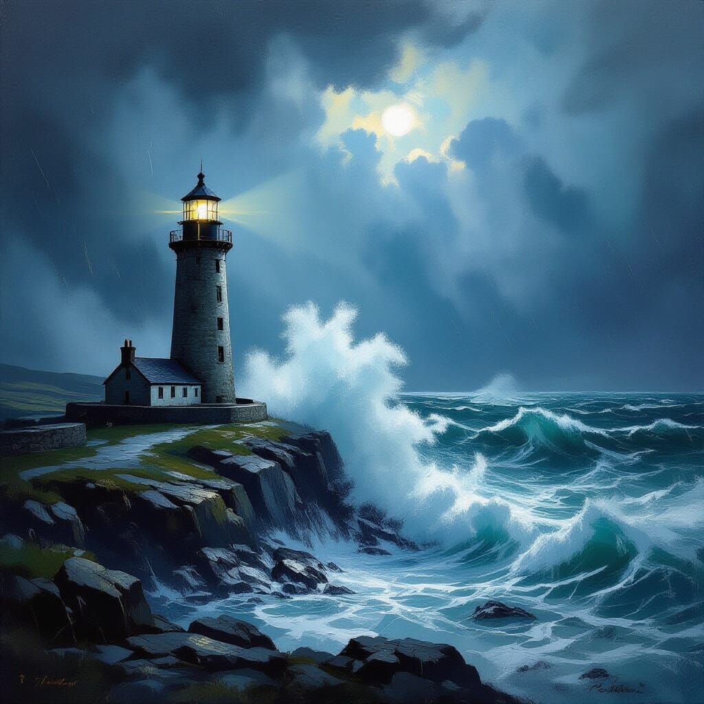 Stormy Welsh Coast Lighthouse in Dramatic Oil Painting Style