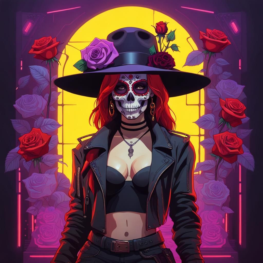 Cyberpunk Mexican Skull Woman with Roses