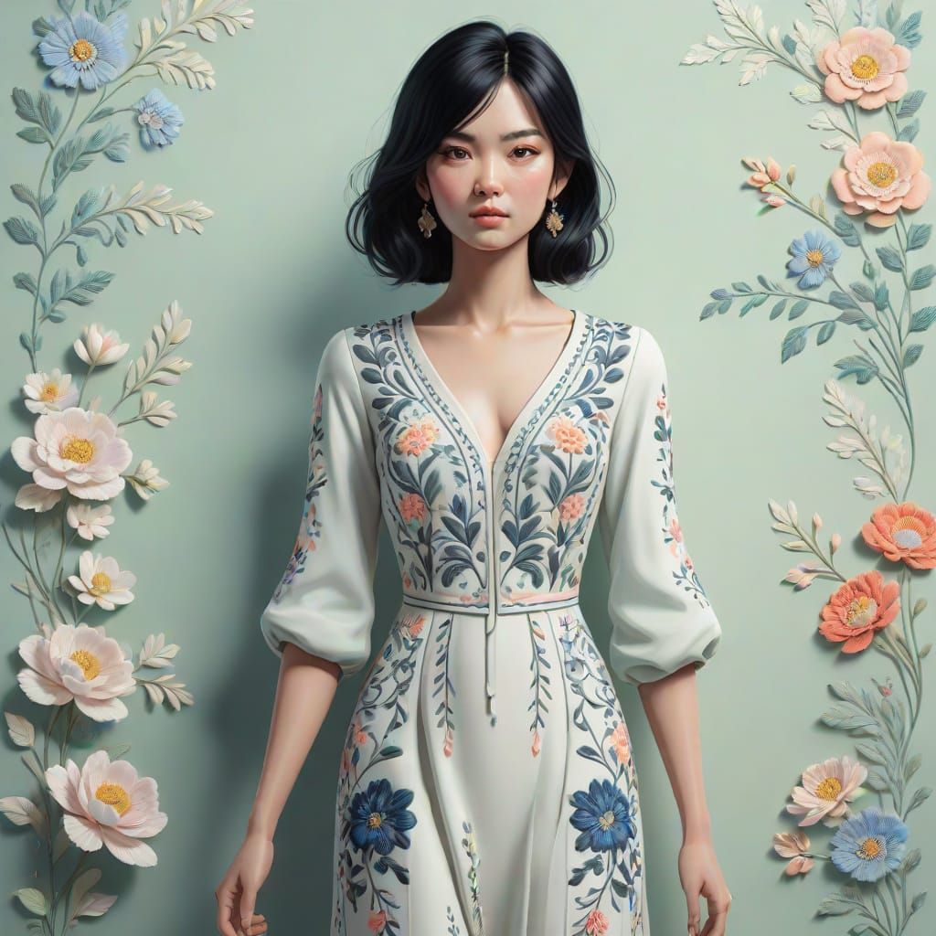 Beautiful Woman with Intricate Embroidery in Cel-Shaded Styl...