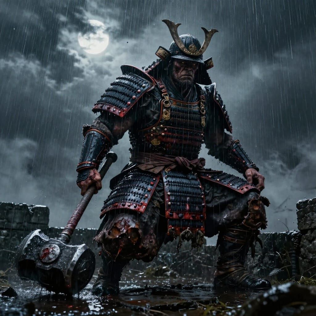Ogre Samurai on Battlement in Dramatic Storm