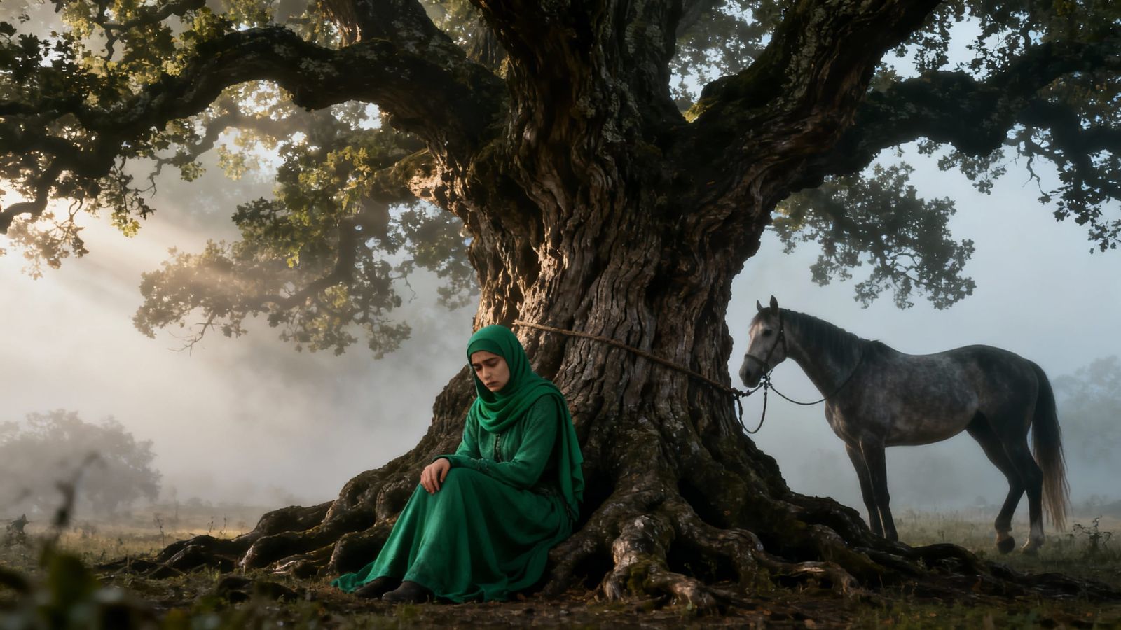 Muslim Woman with Horse Under Ancient Oak Tree