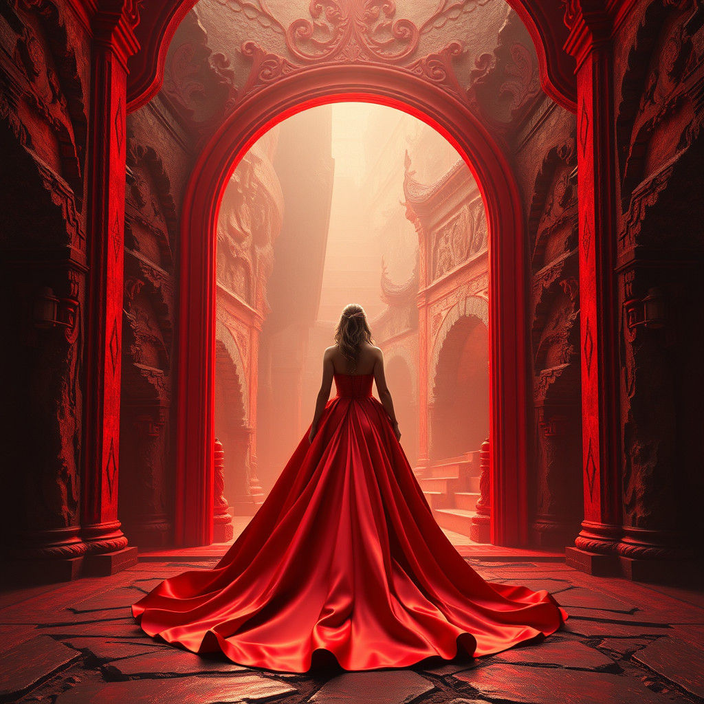 Woman in Red Dress Enters Storybook Portal