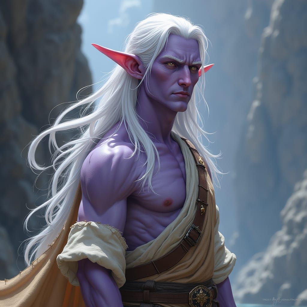 Wisdom-Worn Light Purple Elf in Earth-Toned Linen