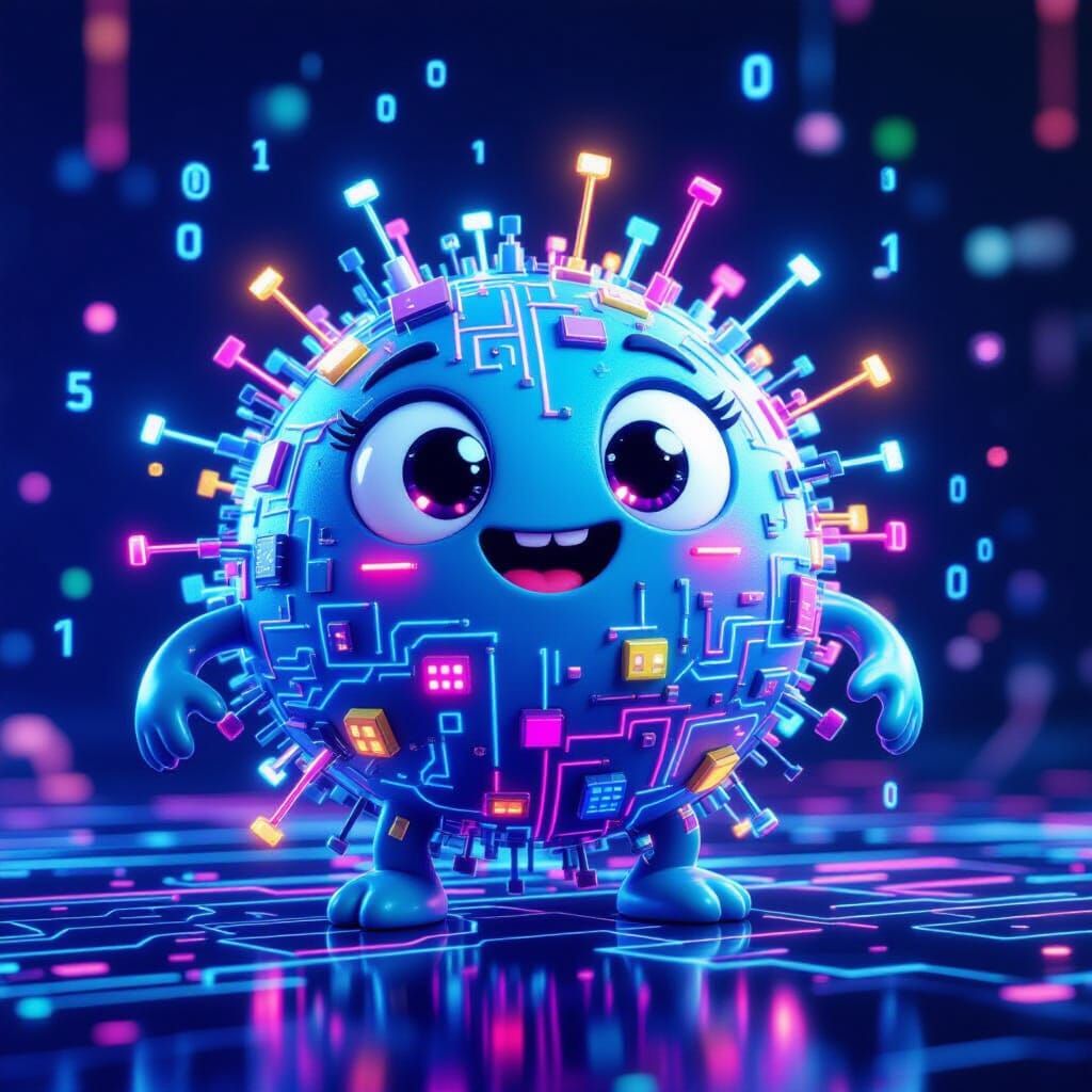Cartoon Computer Virus Monster as Digital Microbe in 3D Styl...