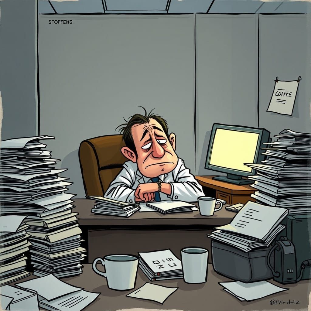 Frustrated Office Worker in a Drab Cubicle, in Caricatured S...