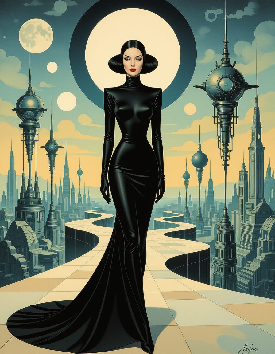 Futuristic Surrealist Woman in Eerie Biomechanical Landscape