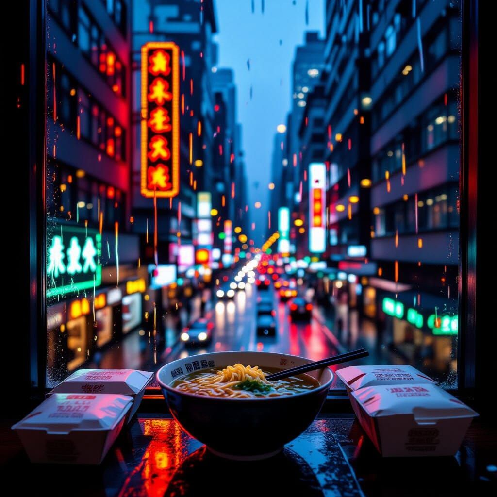 Manhattan Chinese Restaurant in Rain, Neon Lights & Ramen