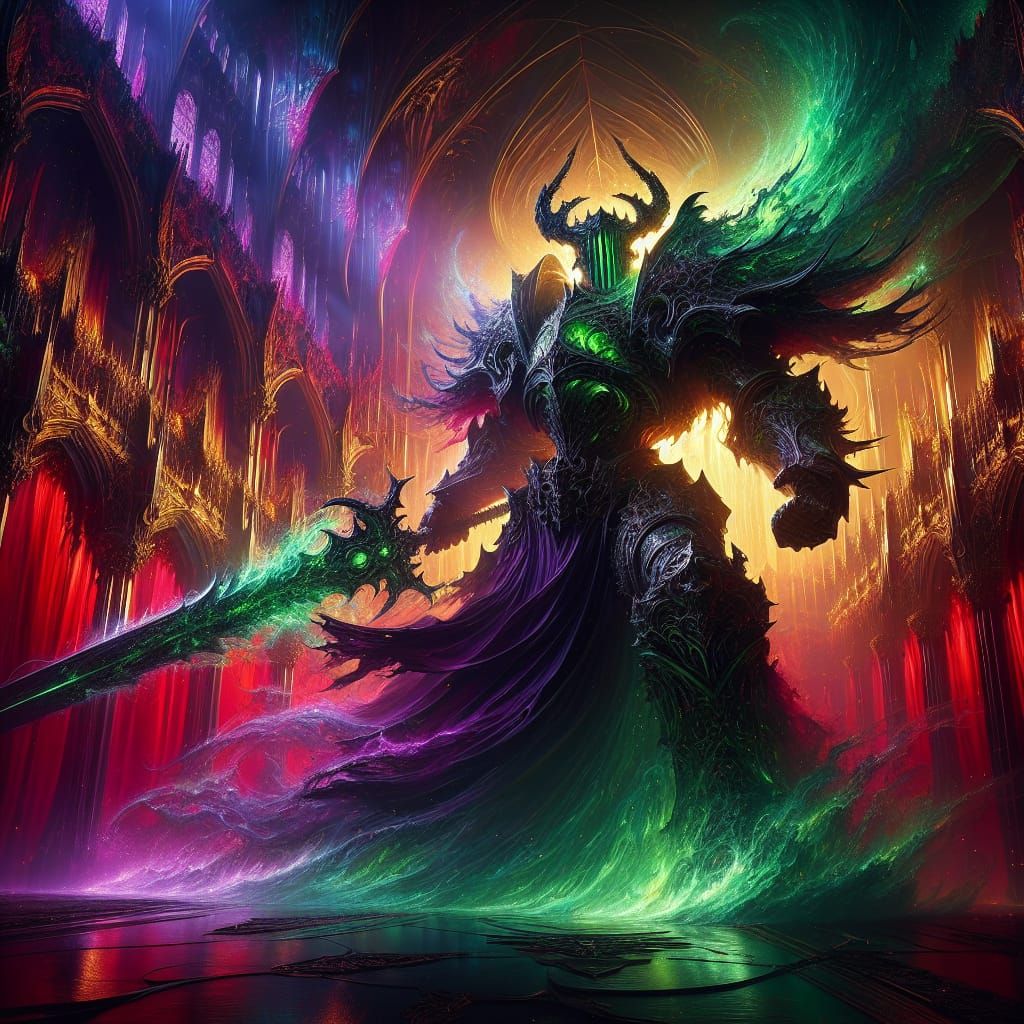 Flaming Knight in Gothic Cathedral, Dark Fantasy Art