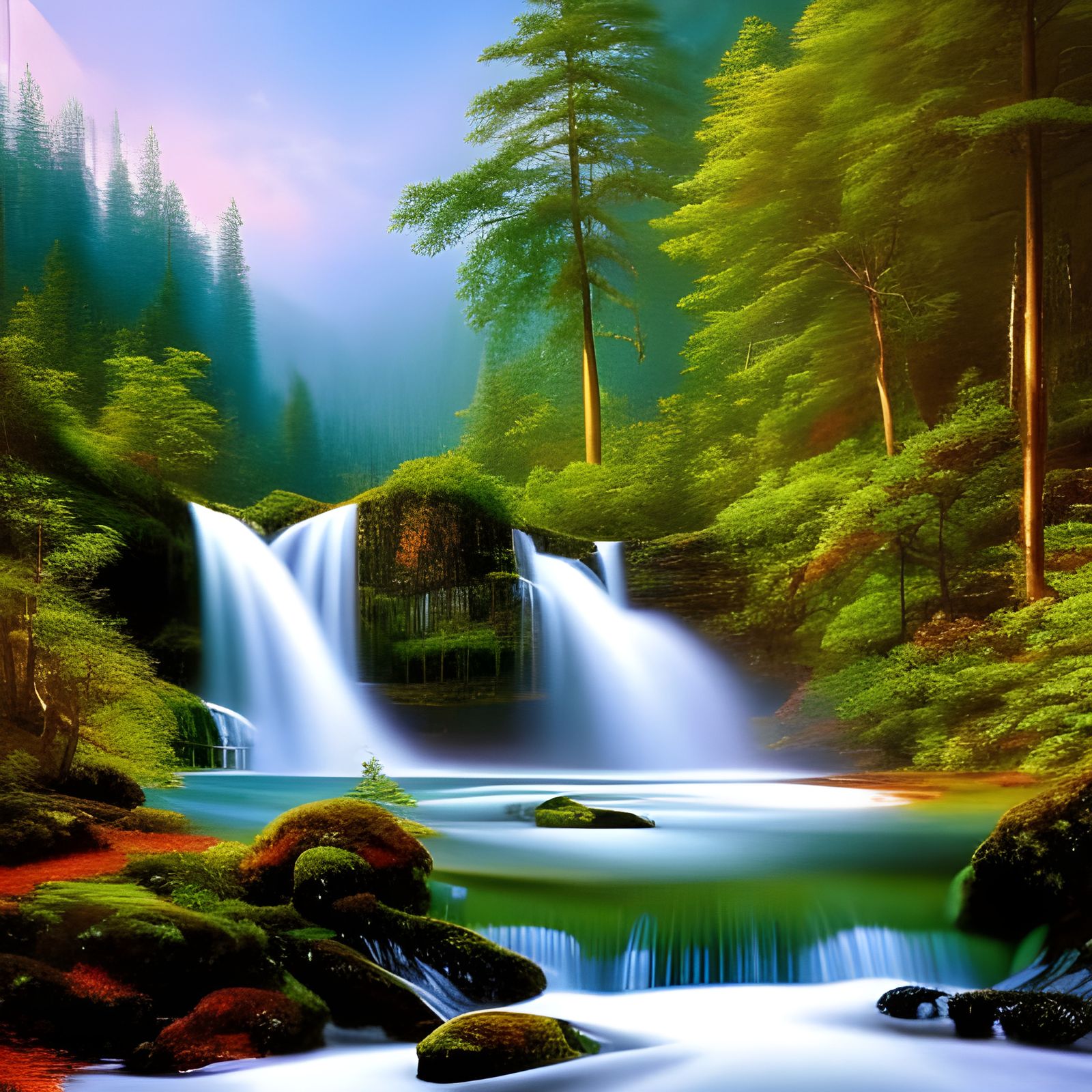 Lush Waterfall Matte Painting with Wildflowers
